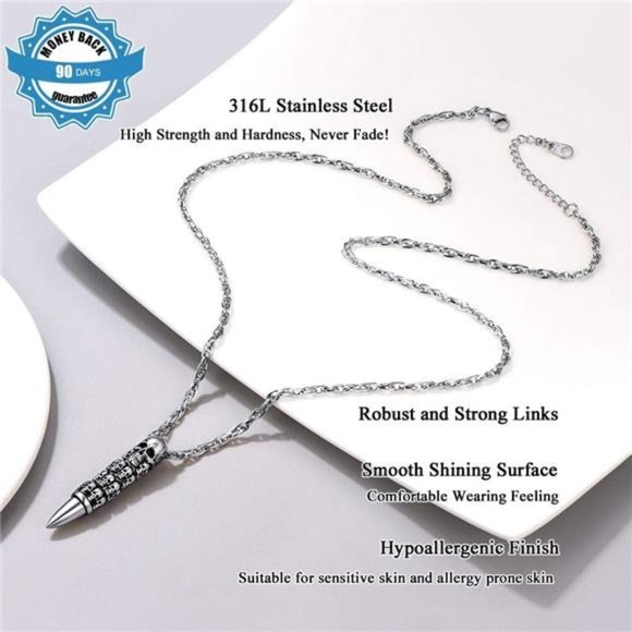 SkullBullet Necklace/Skull Feather Necklace/Skull Necklace,StainlessSteel Gothic - Picture 6 of 6